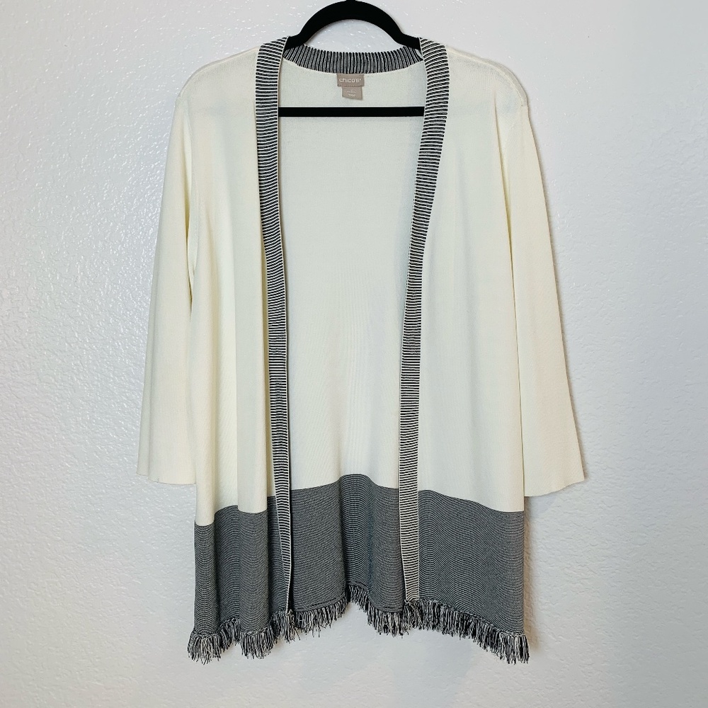 Chico's‎ Cardigan Sweater Size Large White Black Open Front Fringe Hem Stripes